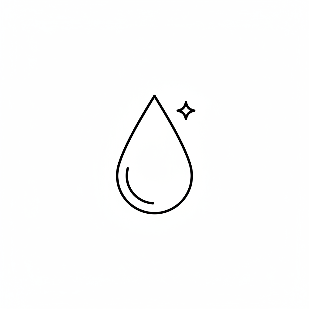 1) Hydration
Prompt:
“Minimalist black-and-white monoline skincare icon, outline only, thin rounded strokes, centered with ample padding, square 1:1. A single water droplet with a tiny sparkle/star highlight to suggest deep hydration. No text, no fill, no gradients, transparent or plain white background.”