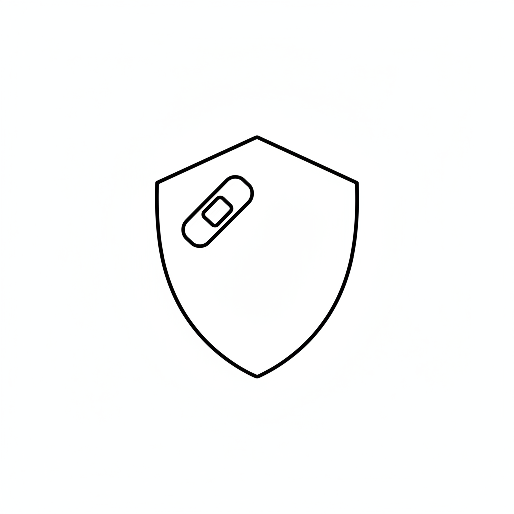 2) Barrier Repair
Prompt:
“Minimalist black-and-white monoline skincare icon, outline only, thin rounded strokes, centered with ample padding, square 1:1. A simple shield with a small bandage patch on it to suggest barrier repair and protection. No text, no fill, no gradients, transparent or plain white background.”