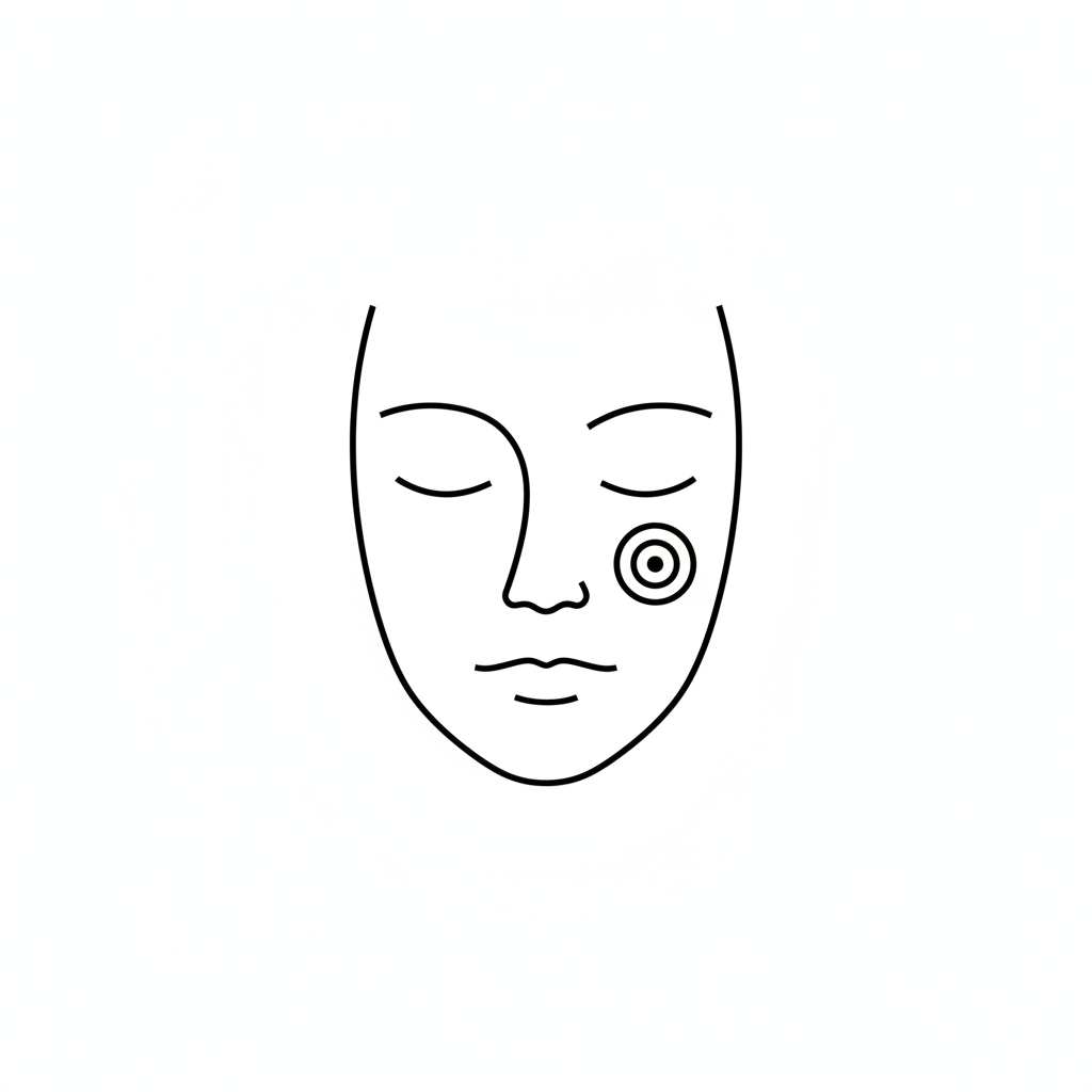 4) Dark Spots
Prompt:
“Minimalist black-and-white monoline skincare icon, outline only, thin rounded strokes, centered with ample padding, square 1:1. A simple face outline with a small target/circle marking a single spot on the cheek to suggest dark spots. No text, no fill, no gradients, transparent or plain white background.”