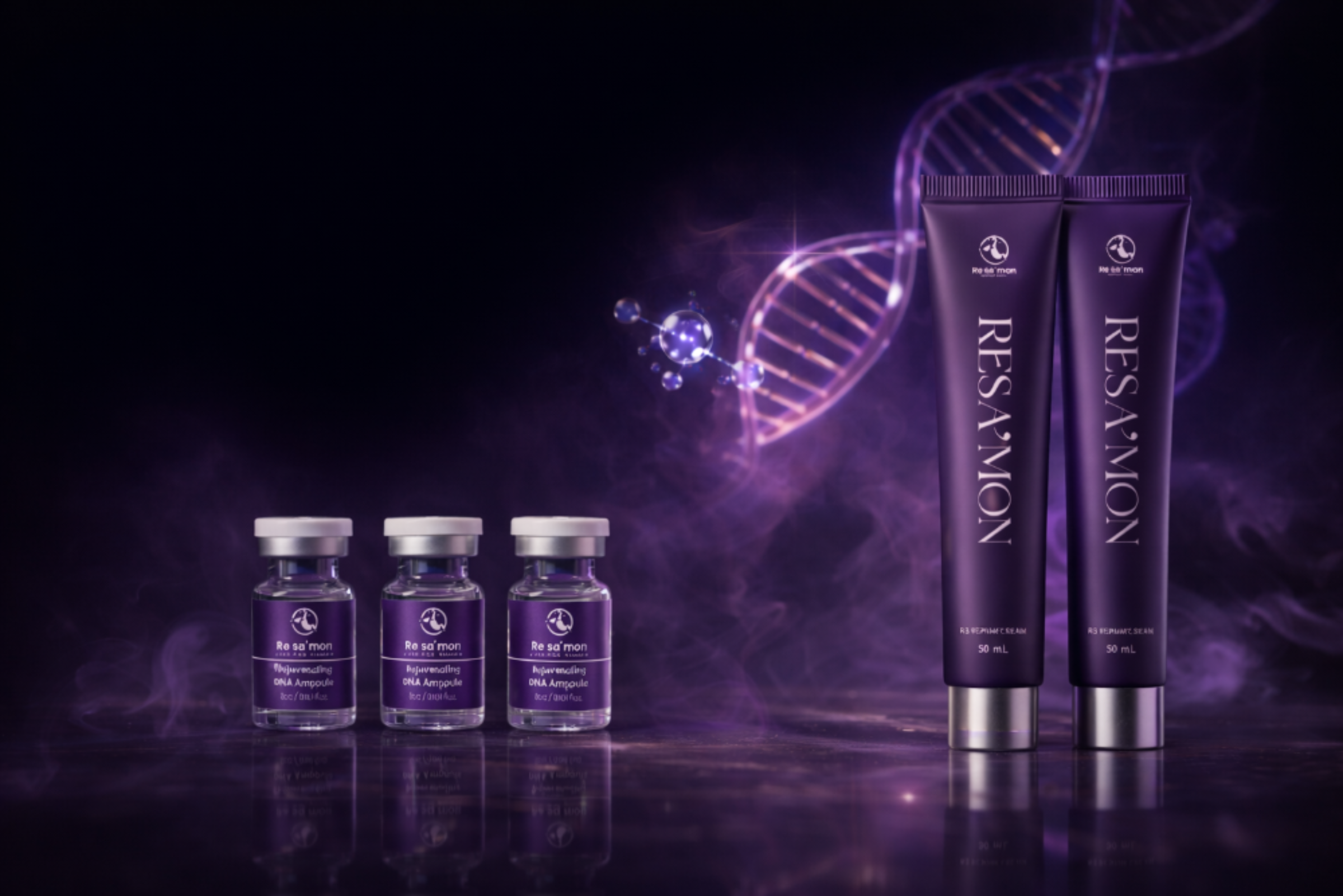 Purple skincare products with a DNA strand on a dark background