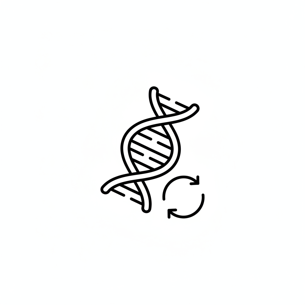 “Minimalist black-and-white monoline outline icon, 2px ultra-thin rounded stroke, no fill, no shading, no gradients, no background scene. Square 1:1, centered with generous whitespace, high contrast.
Icon concept: a simplified DNA helix (very minimal—two curved lines with a few short cross bars), combined with a small circular ‘repair’ arrow to suggest recovery and regeneration.
No text, no logo.”