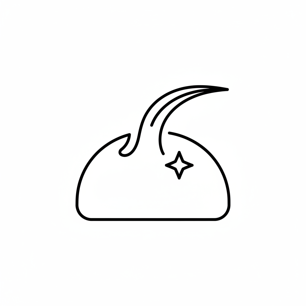 “Minimalist black-and-white monoline outline icon, thin rounded strokes, consistent with a skincare icon family, no fill, no gradients, transparent background, square 1:1, centered with generous padding.
Depict a gentle scalp outline with a single hair strand and a small heart or sparkle to suggest scalp comfort + healthy hair strength.
No text, no logo.”