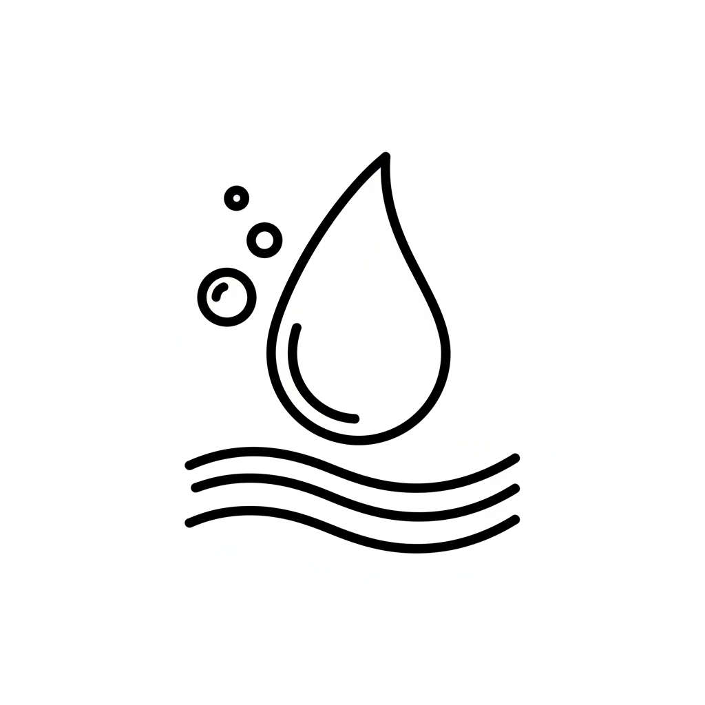 “Minimalist black-and-white monoline outline icon, ultra-thin 2px rounded strokes, outline only, no fill, no gradients, no shadows, no 3D. Square 1:1, centered with ample padding, transparent or white background.
Icon concept: a water droplet with 2–3 tiny bubble circles rising next to it (to suggest hydrogen-infused freshness), plus a small calm wave line to imply soothing. Keep it minimal.
No text, no letters.”