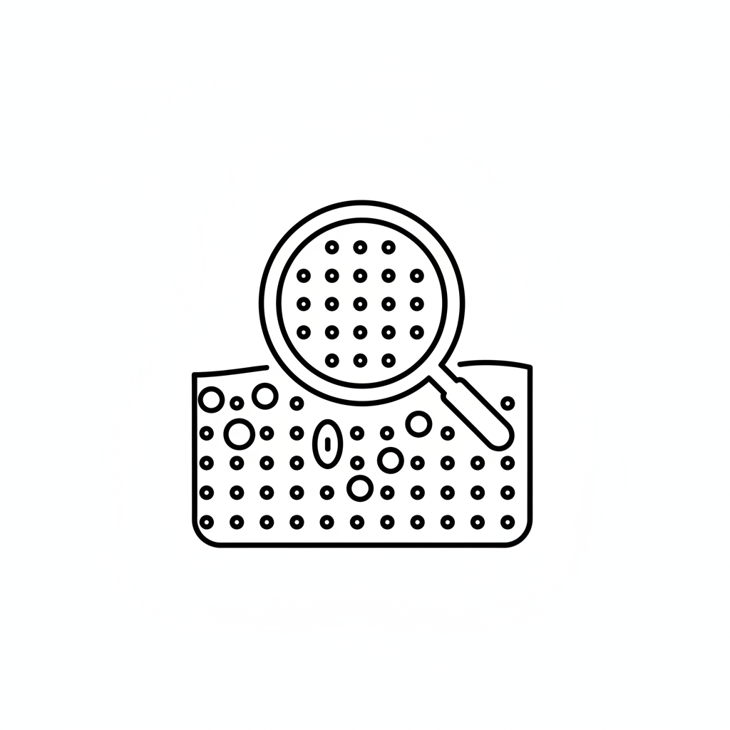 “Minimalist black-and-white monoline skincare icon, outline only, thin rounded strokes, centered with ample padding, square 1:1. A magnifying glass over a dotted skin texture pattern to suggest pores and texture. No text, no fill, no gradients, transparent or plain white background.”