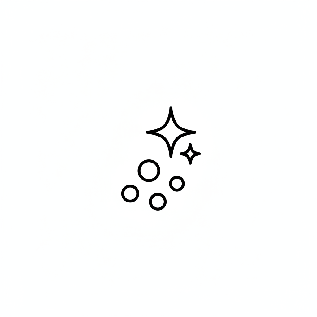 “Minimalist black-and-white monoline skincare icon, outline only, thin rounded strokes, centered with ample padding, square 1:1. A small cluster of blemish dots with a clean ‘plus’ or sparkle symbol indicating clarifying care for acne and breakouts. No text, no fill, no gradients, transparent or plain white background.”