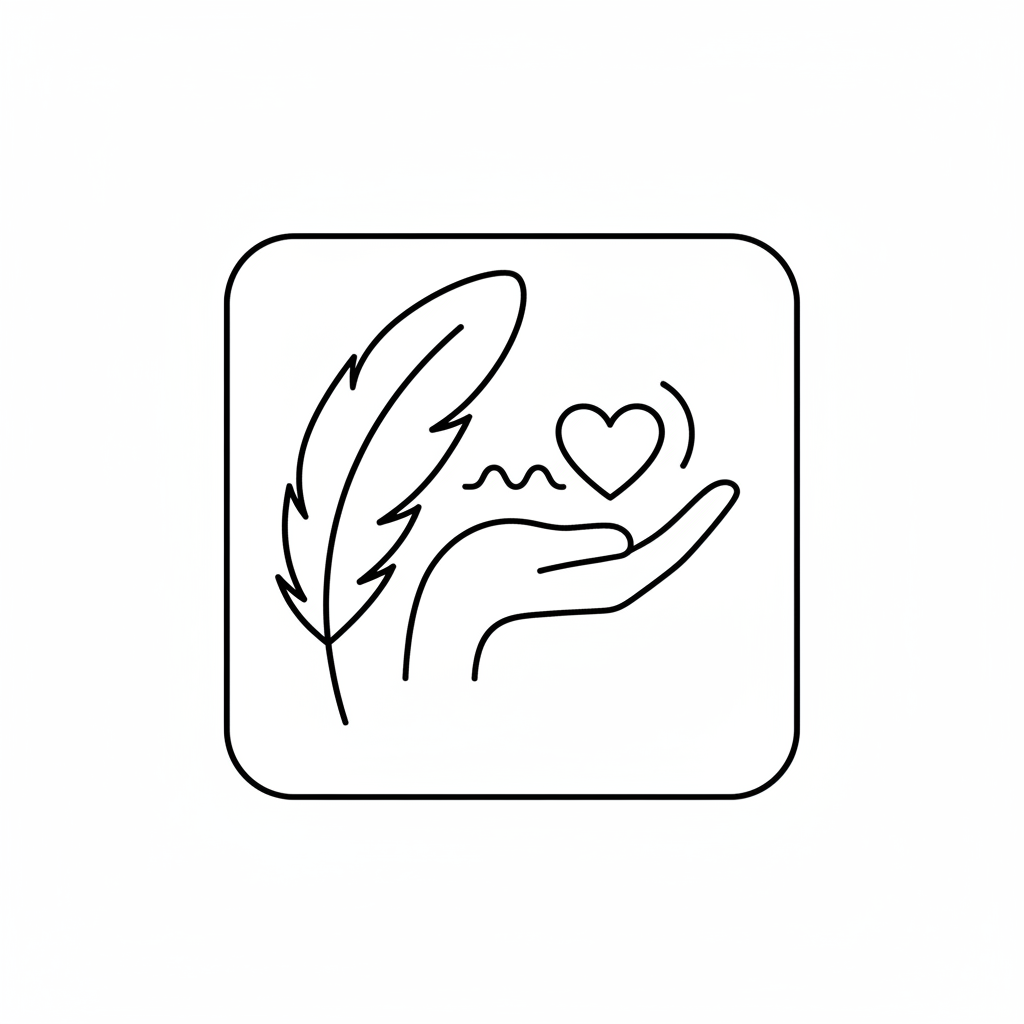 “Minimalist black-and-white monoline skincare icon, outline only, thin rounded strokes, centered with ample padding, square 1:1. A soft feather or gentle hand icon with a small heart to suggest sensitive skin and soothing; optionally add a subtle curved line to hint redness without using color. No text, no fill, no gradients, transparent or plain white background.”